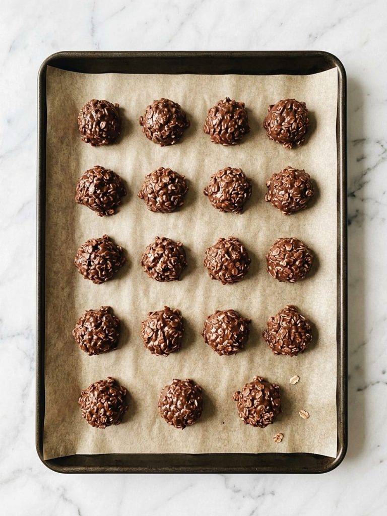 Step 6: Rounded scoops of chocolate oatmeal cookie mixture sit a little apart on a parchment-lined pan, ready to set.