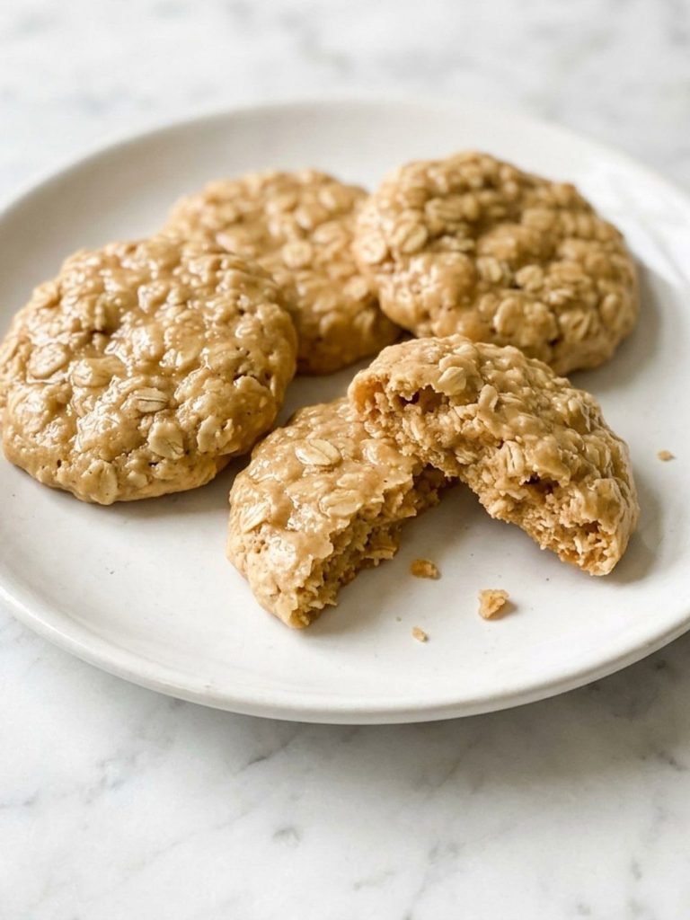 Close-up of glossy peanut butter oatmeal no bake cookies on a small plate