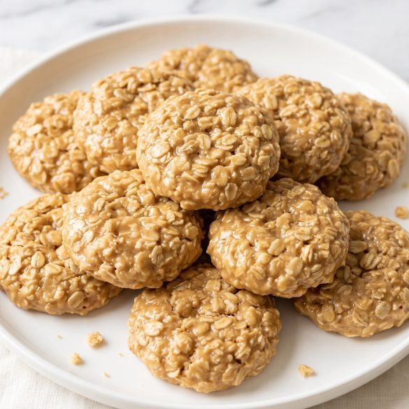 A plate of golden no bake peanut butter oatmeal cookies