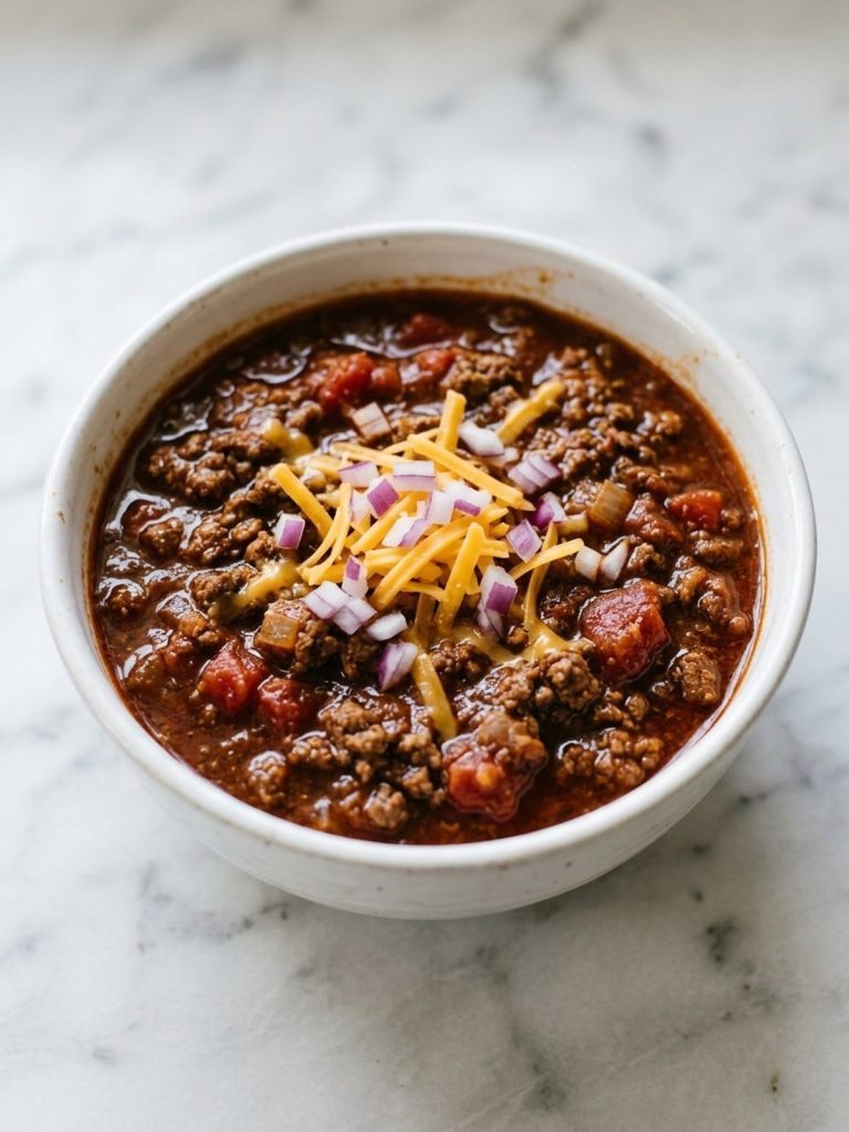 A white bowl of meaty no bean chili with diced red onion