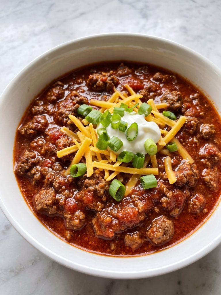A bowl of thick no bean chili topped with cheddar, sour cream and scallions