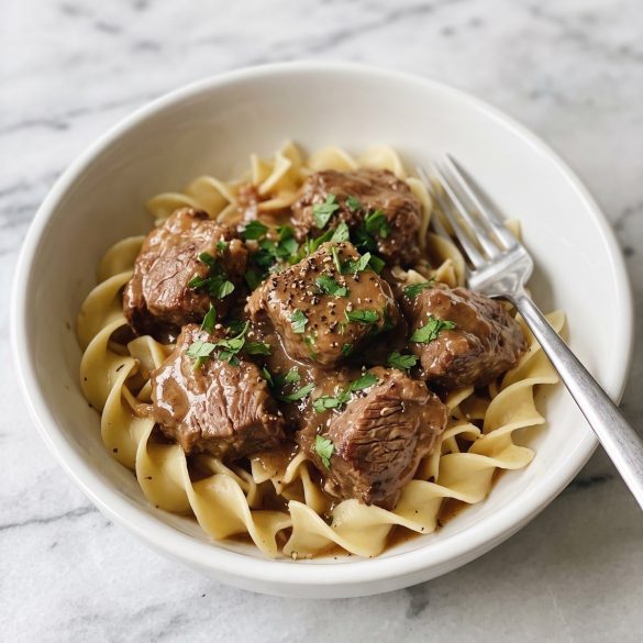 A bowl of wide egg noodles topped with tender chunks of beef in brown gravy and chopped parsley