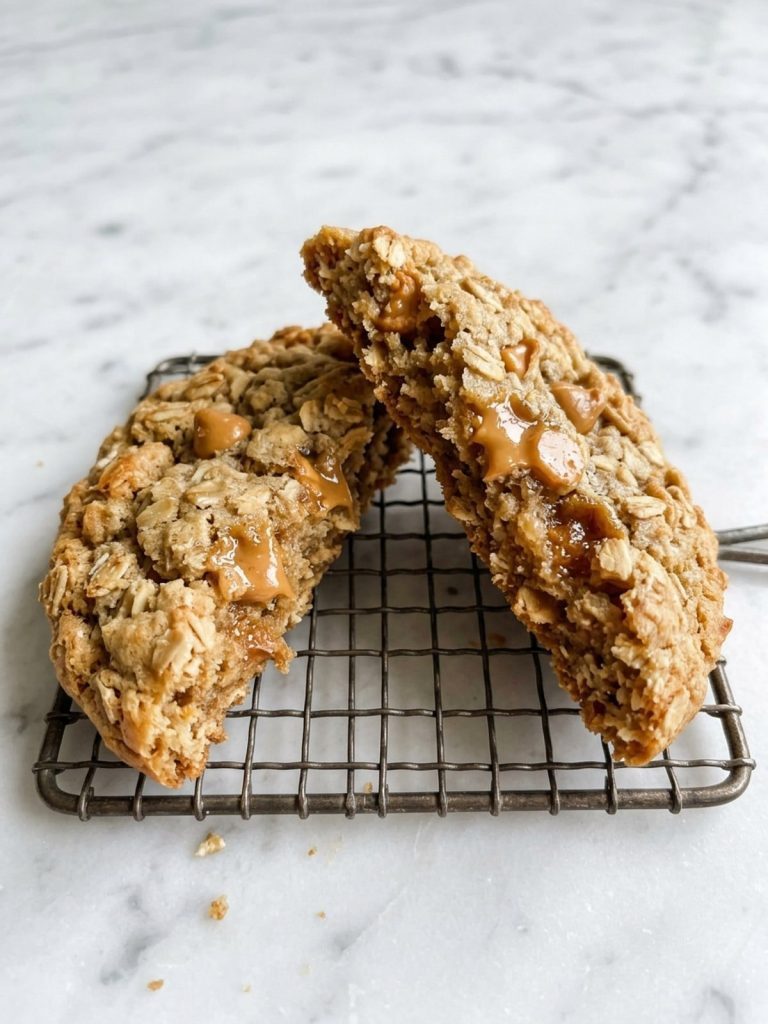 Close view of a broken oatmeal butterscotch cookie with a chewy center and crisp golden edge
