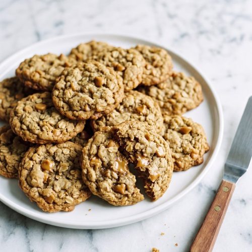 A plate of oatmeal butterscotch cookies, one broken in half to show the chewy center