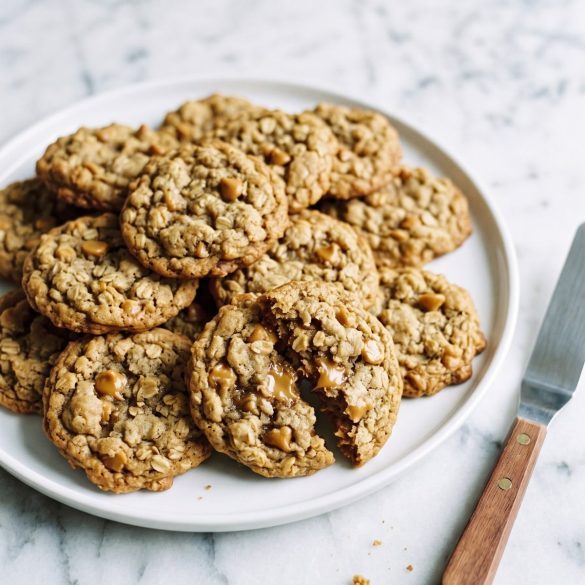 A plate of oatmeal butterscotch cookies, one broken in half to show the chewy center