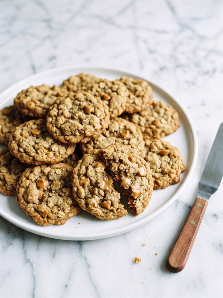 A plate of oatmeal butterscotch cookies, one broken in half to show the chewy center