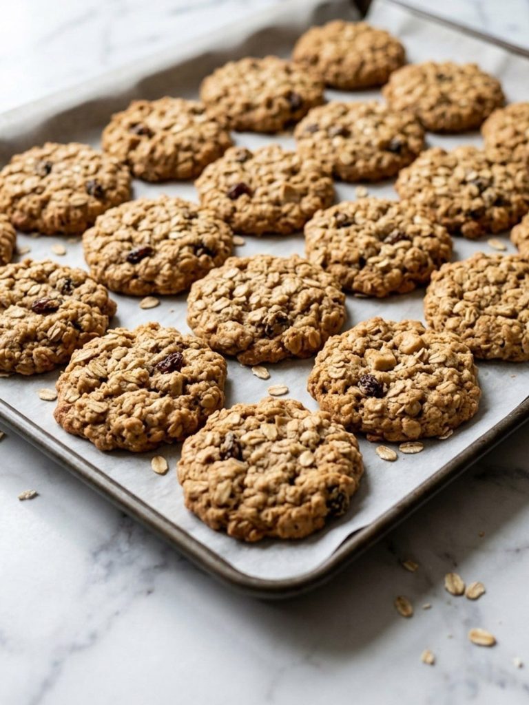 Oatmeal cookies cooling on a parchment-lined baking sheet