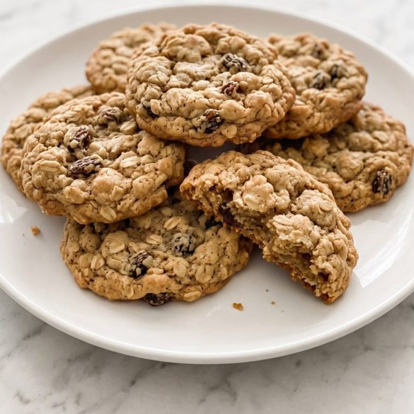 A plate of soft, chewy old fashioned oatmeal cookies with visible rolled oats