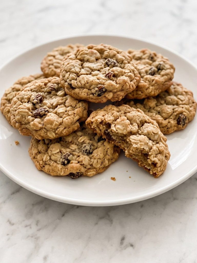 A plate of soft, chewy old fashioned oatmeal cookies with visible rolled oats