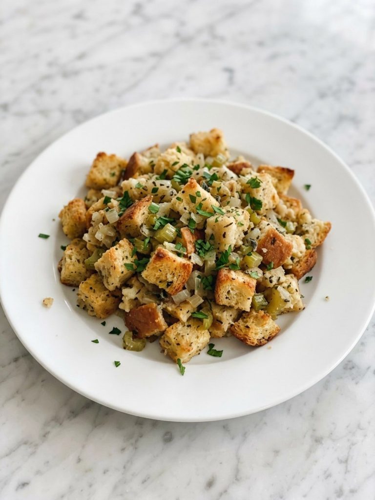 A serving of bread stuffing with a golden crisp top and soft middle on a plate