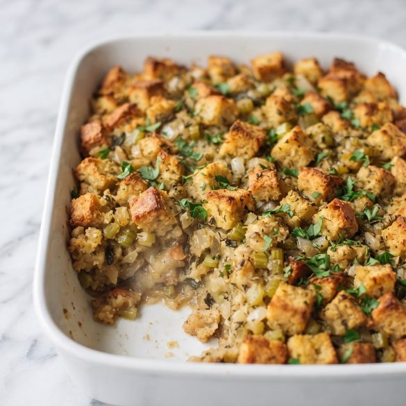 Old fashioned bread stuffing with celery and herbs in a baking dish, golden on top