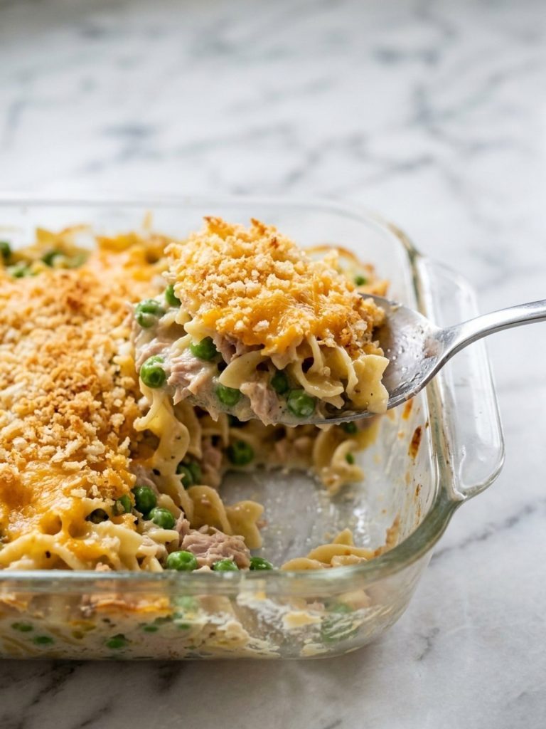 Close view of golden bread crumbs over creamy tuna noodles and peas