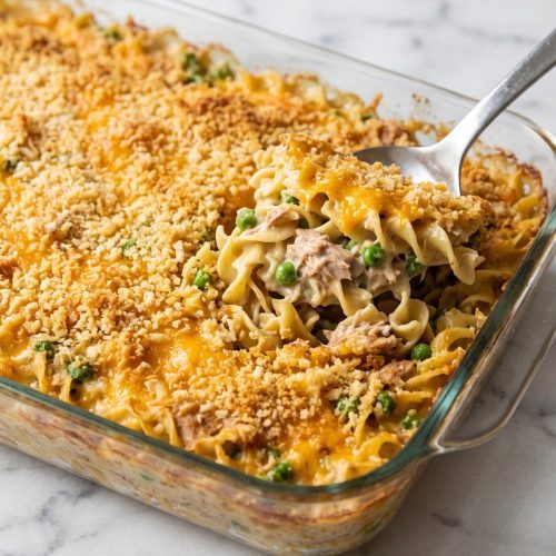 Scoop of creamy tuna noodle casserole showing peas beneath a golden breadcrumb topping