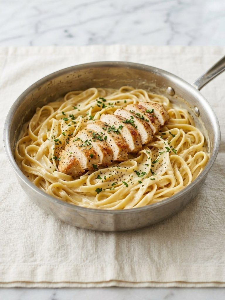 Fettuccine alfredo with sliced chicken in a large skillet