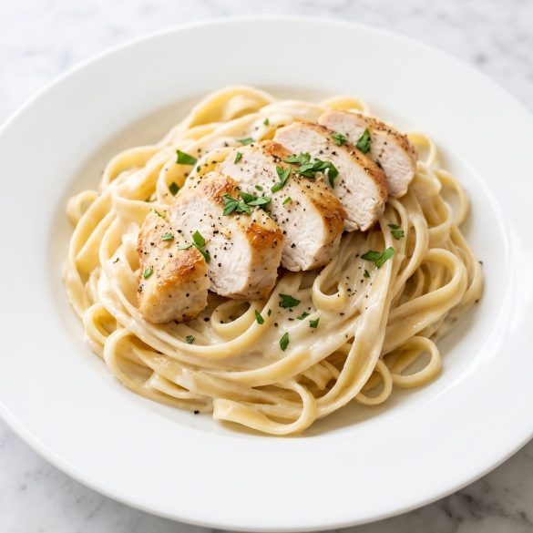 A plate of fettuccine alfredo topped with sliced golden chicken breast and parsley