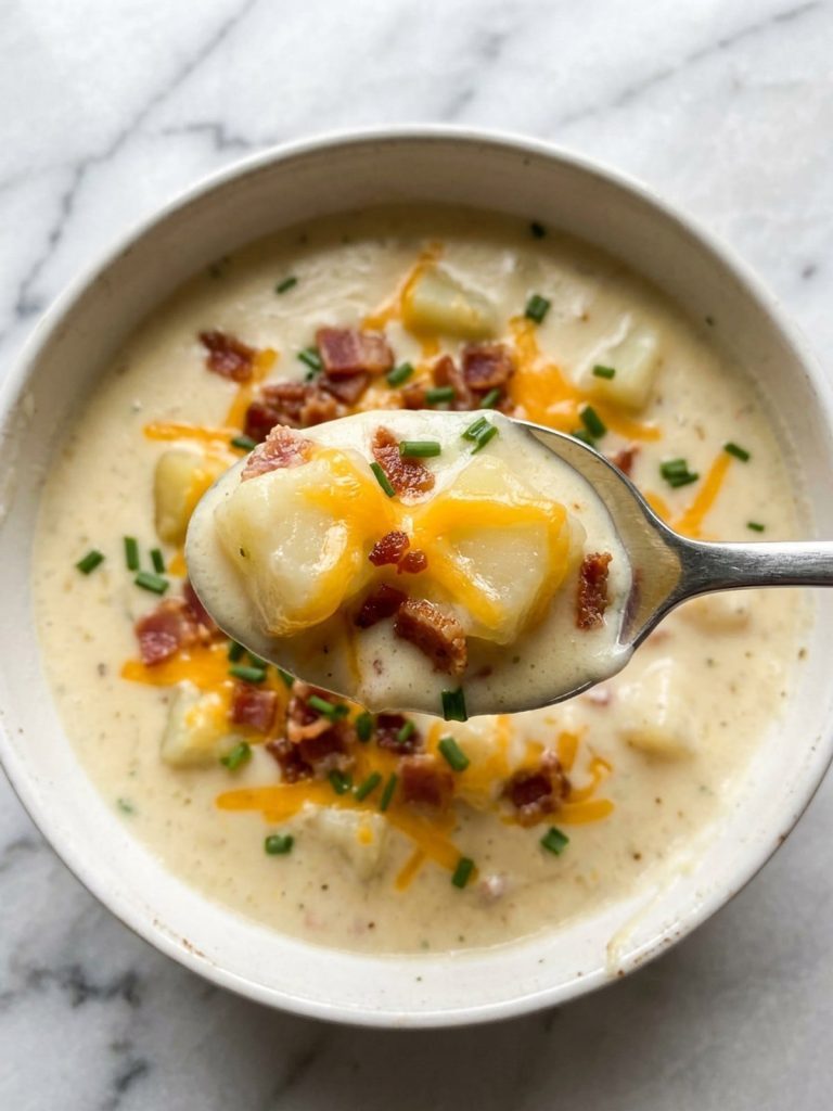 Close view of a spoonful of thick, creamy potato soup with tender potato cubes, melted cheddar and chives