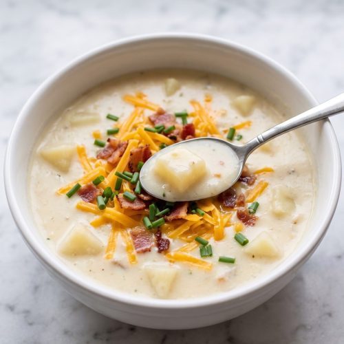 A bowl of thick, creamy potato soup topped with shredded cheddar, bacon bits and chopped chives