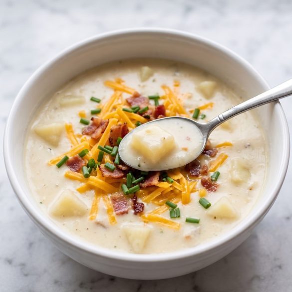 A bowl of thick, creamy potato soup topped with shredded cheddar, bacon bits and chopped chives