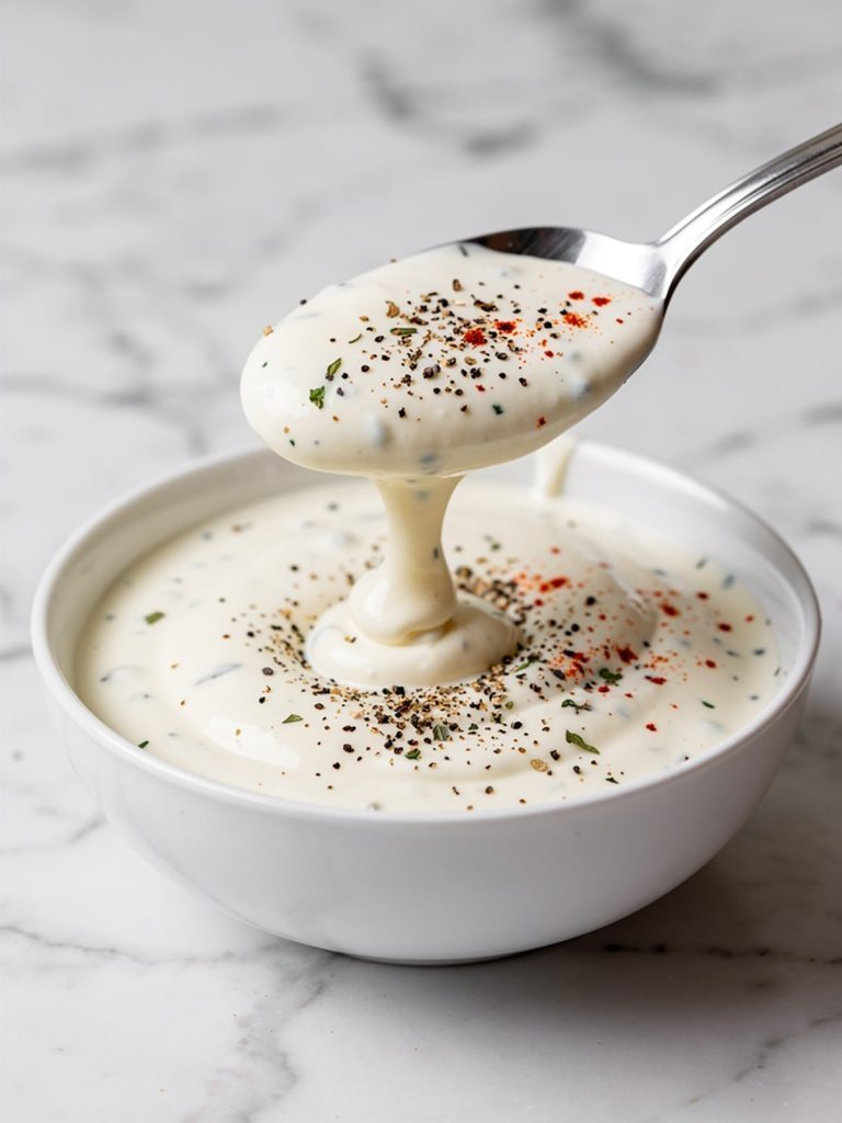 Close view of a spoonful of thick ranch dressing with black pepper and paprika specks