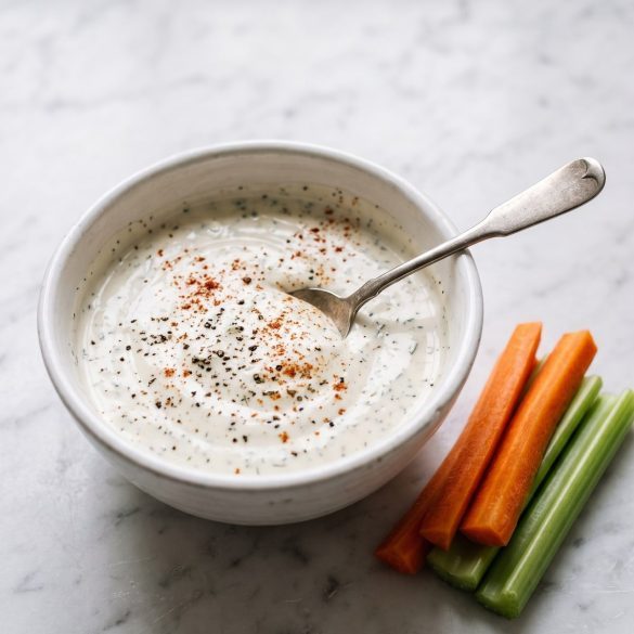 A white bowl of thick copycat Outback ranch dressing flecked with black pepper and paprika, with one spoon