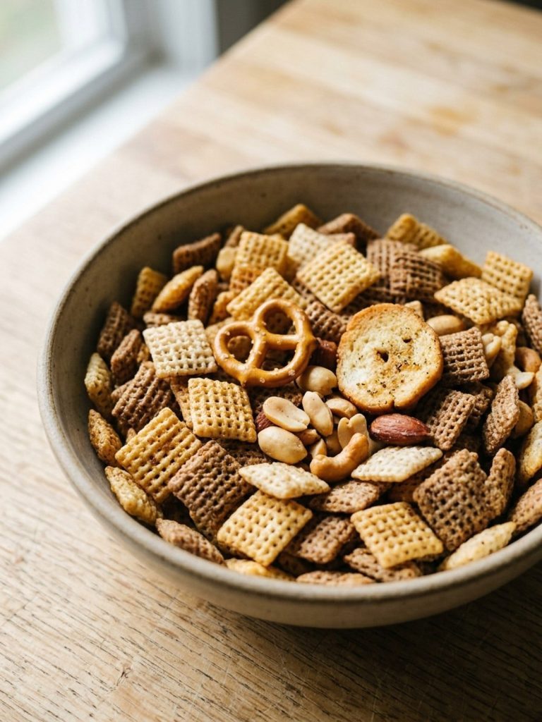Close side view of crisp cereal, pretzels, nuts, and bagel chips in baked Chex mix.