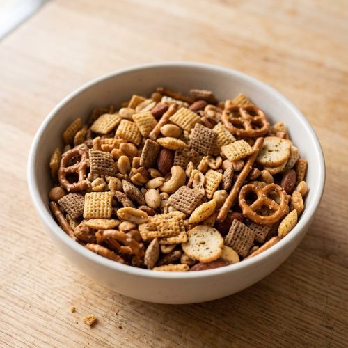 A bowl of oven-baked Chex mix with cereal, pretzels, nuts, and bagel chips visible.