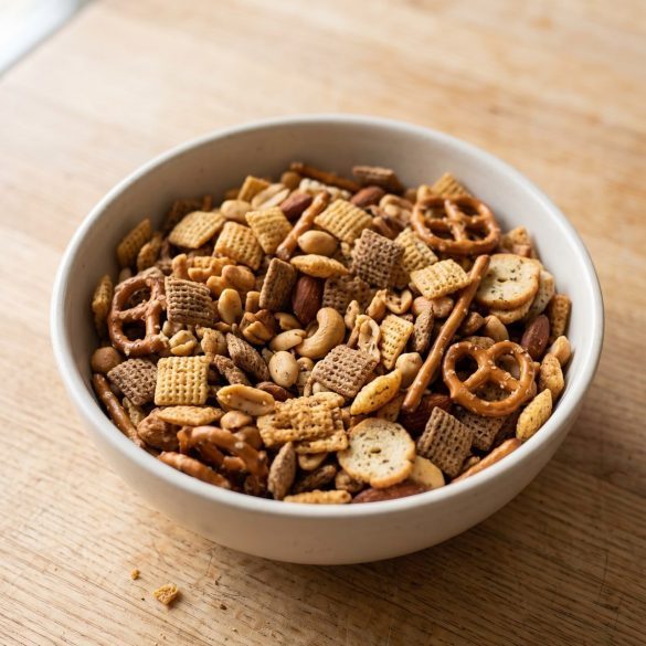 A bowl of oven-baked Chex mix with cereal, pretzels, nuts, and bagel chips visible.