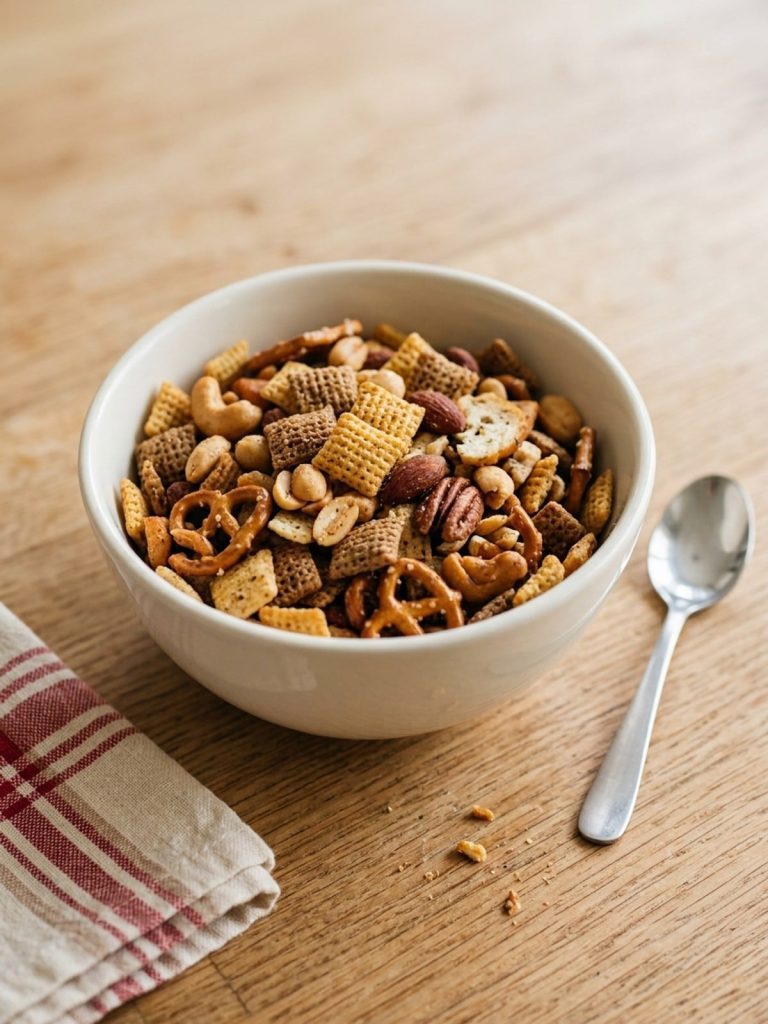 A small bowl of savory Chex mix with a spoon resting beside it.