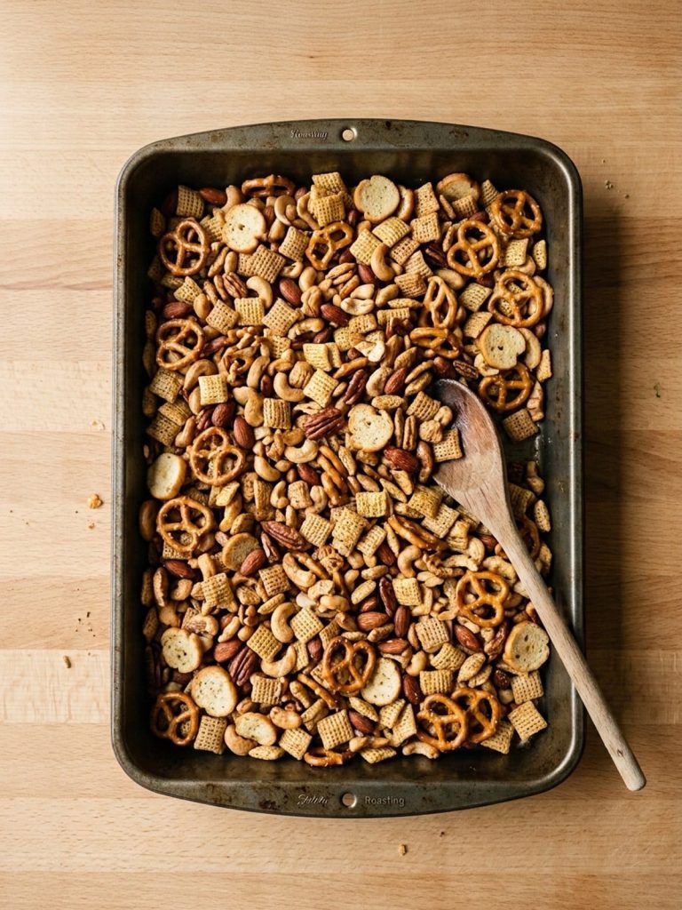 Step 4: Three kinds of Chex, nuts, pretzels, and bagel chips evenly coated in seasoned butter.
