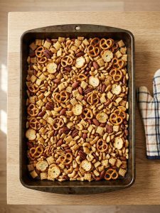 Step 5: Baked Chex mix in the roasting pan, evenly toasted and dry.