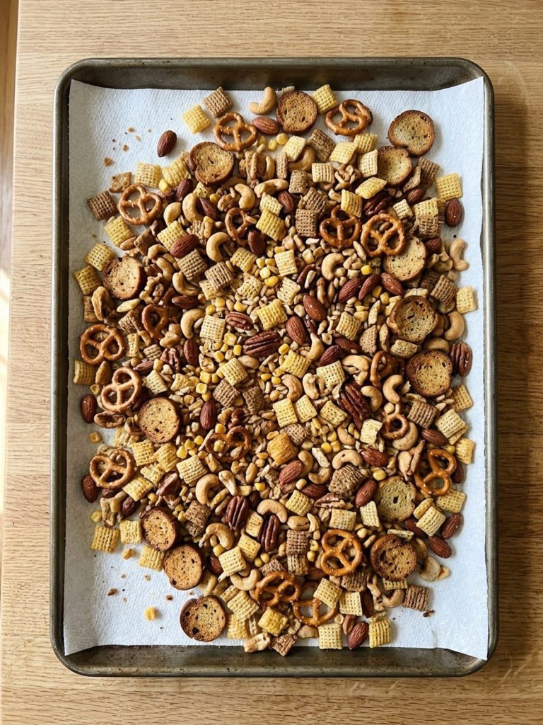 Step 6: Baked Chex mix spread out on paper towels to cool completely.