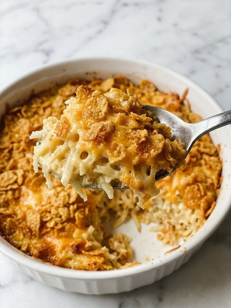 Close view of a spoonful of creamy cheesy hash brown party potatoes with cornflake crust