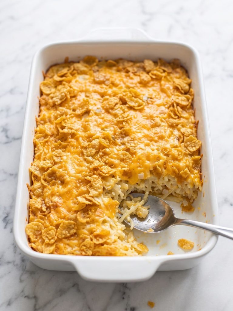 Cheesy party potatoes with a golden cornflake topping in a white baking dish with a serving spoon