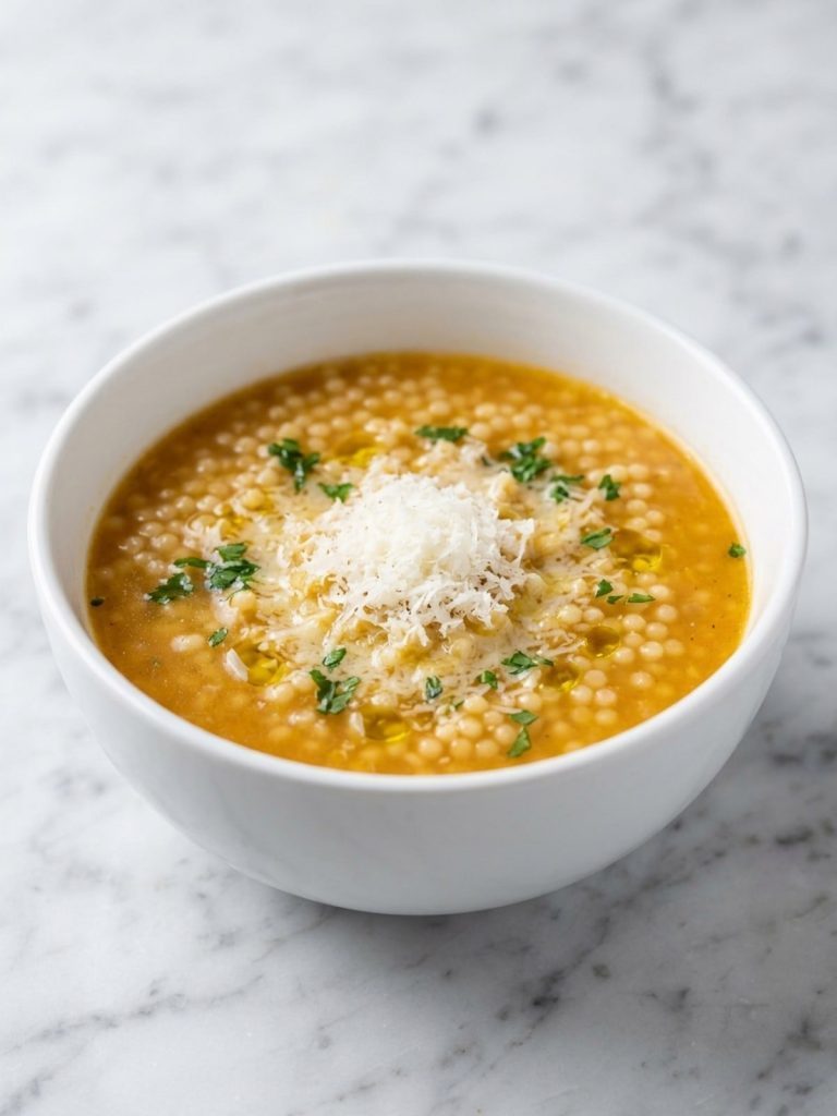 Close-up of tiny pasta in a smooth golden vegetable broth with Parmesan