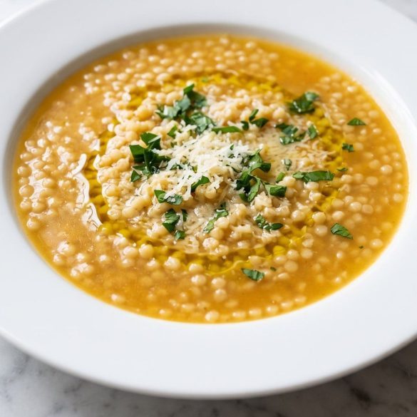 A bowl of golden pastina soup with tiny pasta, grated Parmesan, parsley and olive oil