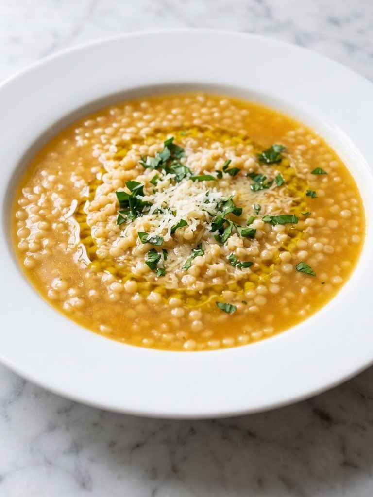 A bowl of golden pastina soup with tiny pasta, grated Parmesan, parsley and olive oil
