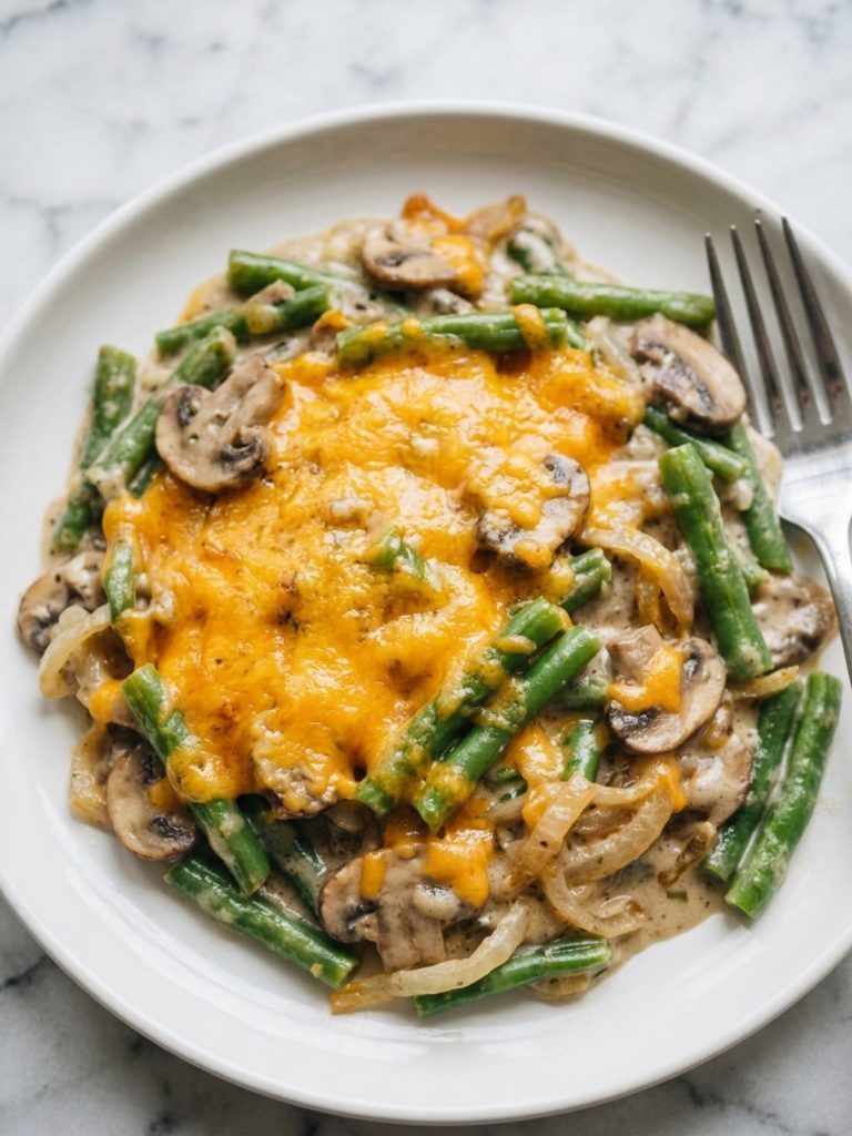 A serving of Paula Deen green bean casserole with melted cheddar, green beans and mushrooms