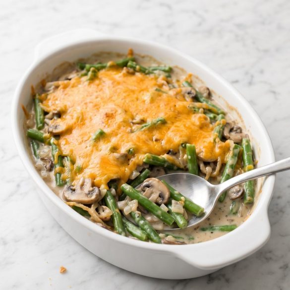 Green bean casserole topped with melted cheddar in a white baking dish, one serving scooped out
