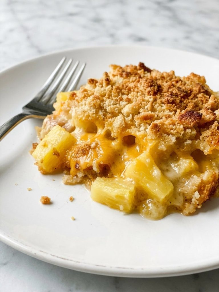 Close view of a serving of pineapple casserole with melted cheddar and a crisp cracker topping on a white plate