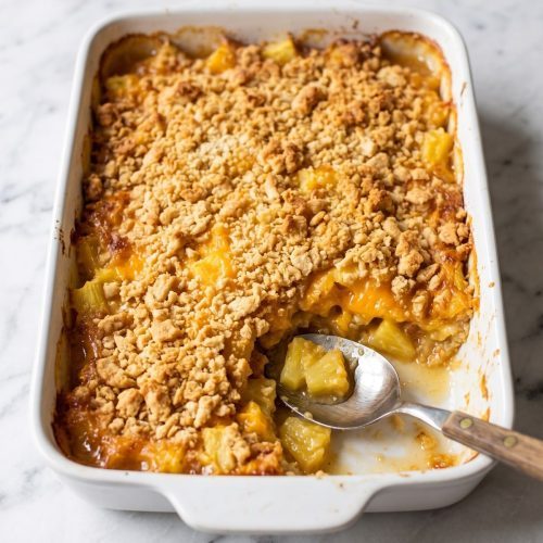 Pineapple casserole with a golden cracker crumb topping in a white baking dish, with a serving scooped out