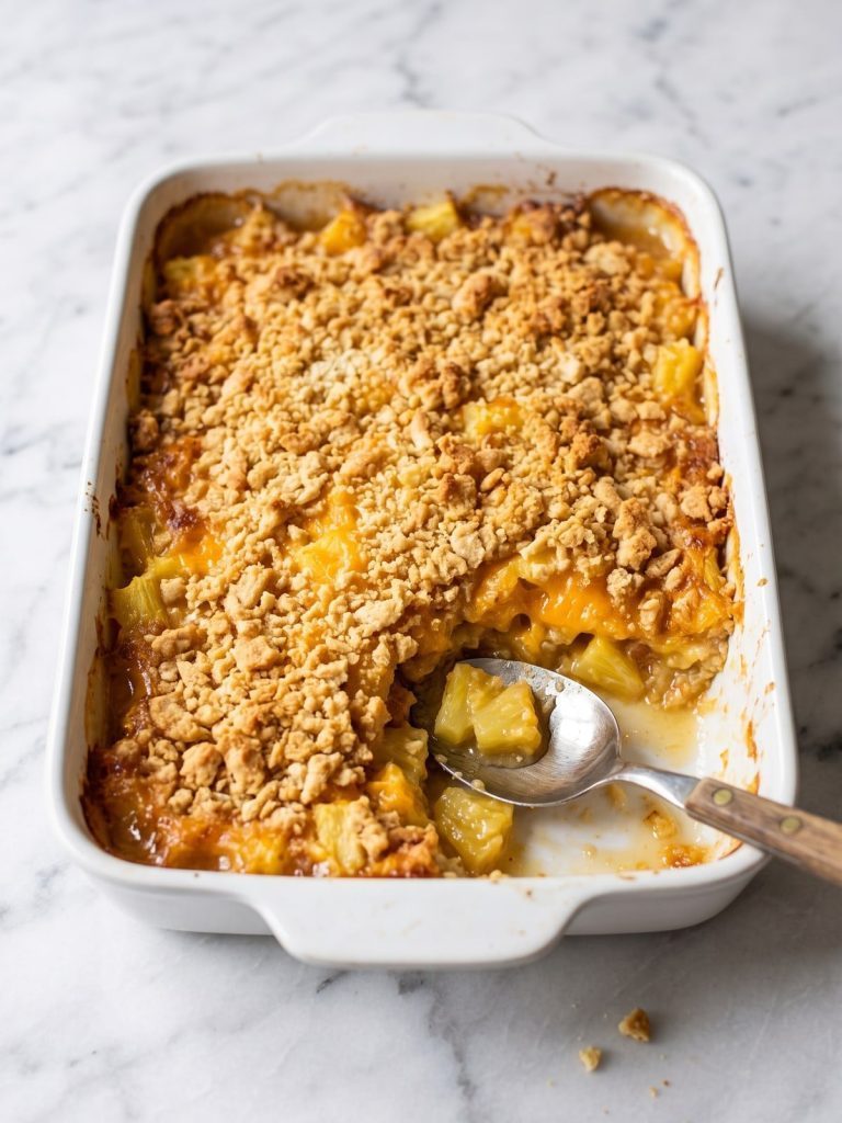 Pineapple casserole with a golden cracker crumb topping in a white baking dish, with a serving scooped out