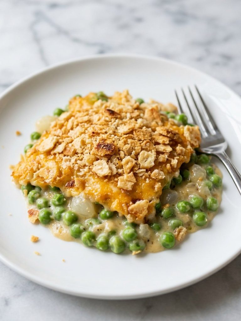 Close view of a serving of pea casserole on a white plate with a crisp cracker crumb top over melted cheddar and creamy peas