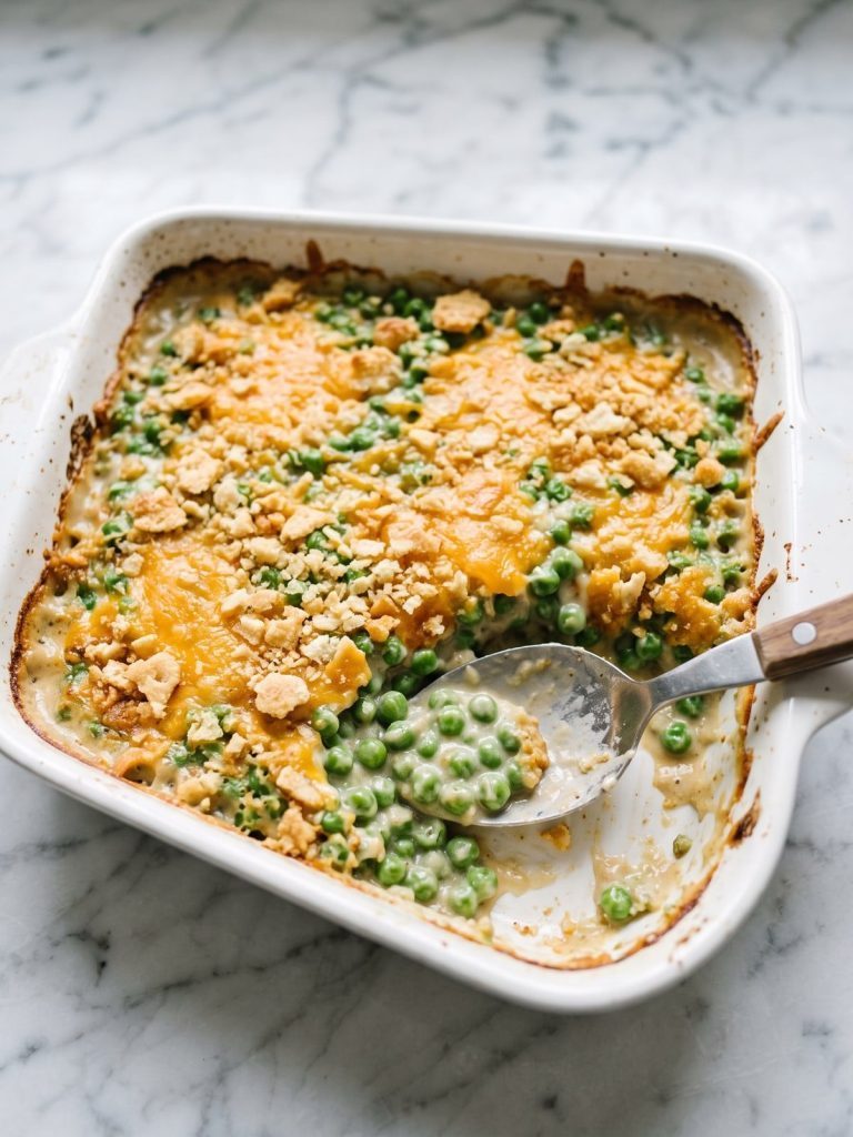 A square baking dish of green pea casserole with a golden cracker crumb topping, one corner scooped out to show the creamy peas