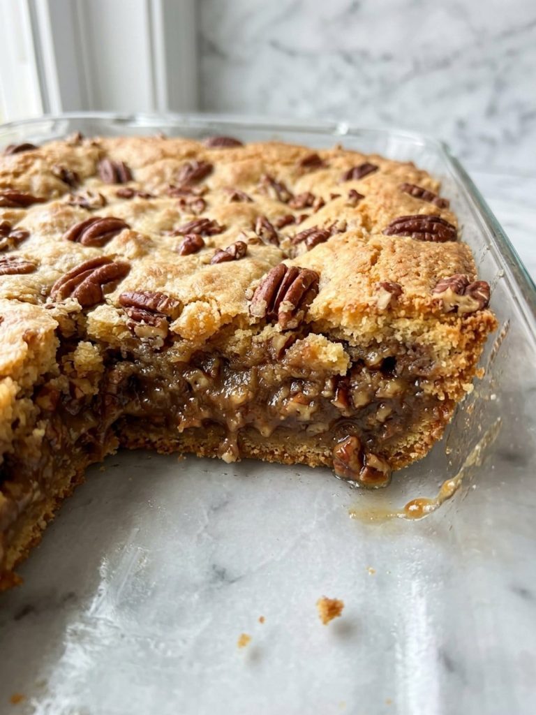 Close view of the gooey pecan pie filling beneath the golden, buttery cake topping.
