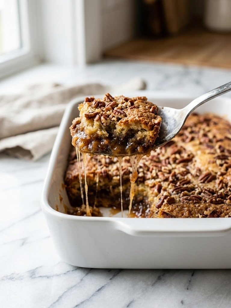 Close side view of a spoon lifting a gooey serving of pecan pie dump cake from the pan, pecan crust on top and sticky filling stretching below
