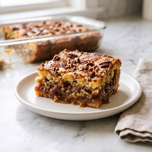 Square of pecan pie dump cake on a plate with a golden pecan-topped crust and gooey pecan pie filling showing at the cut side