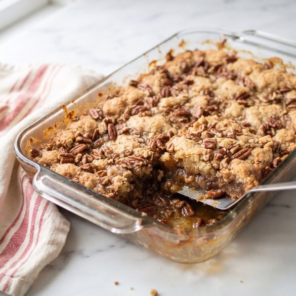 Pecan pie dump cake cut in its baking dish, showing the gooey filling beneath the golden pecan topping.