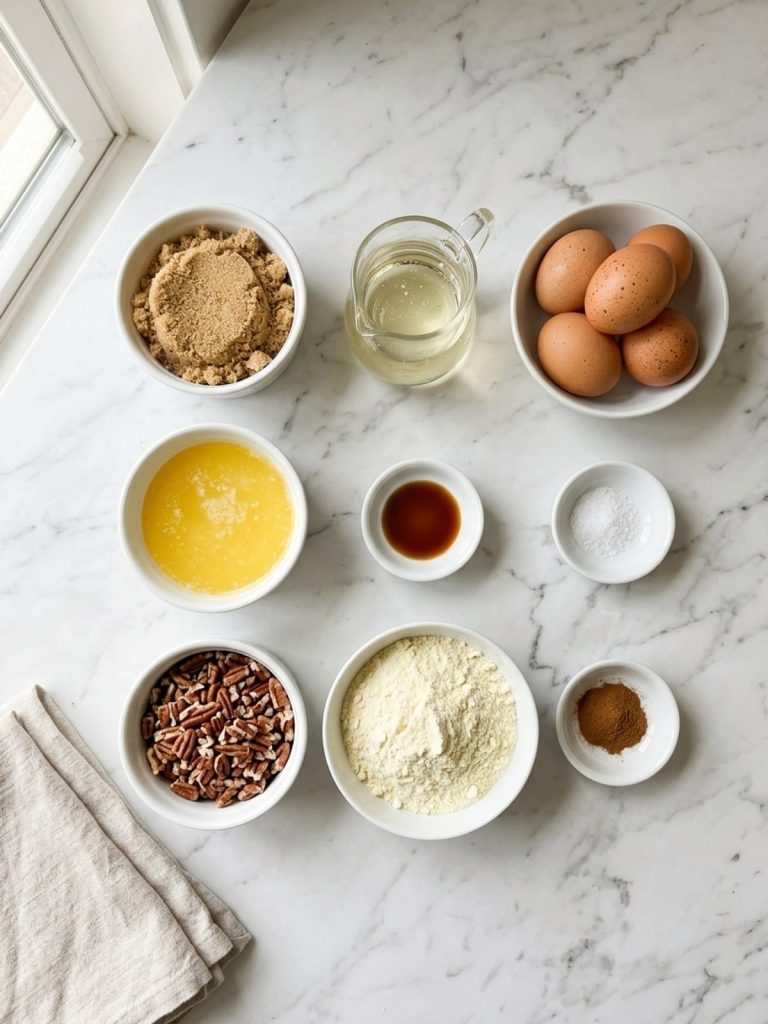 Overhead flat lay of brown sugar, corn syrup, eggs, melted butter, vanilla, salt, chopped pecans, dry yellow cake mix and cinnamon in small bowls on marble