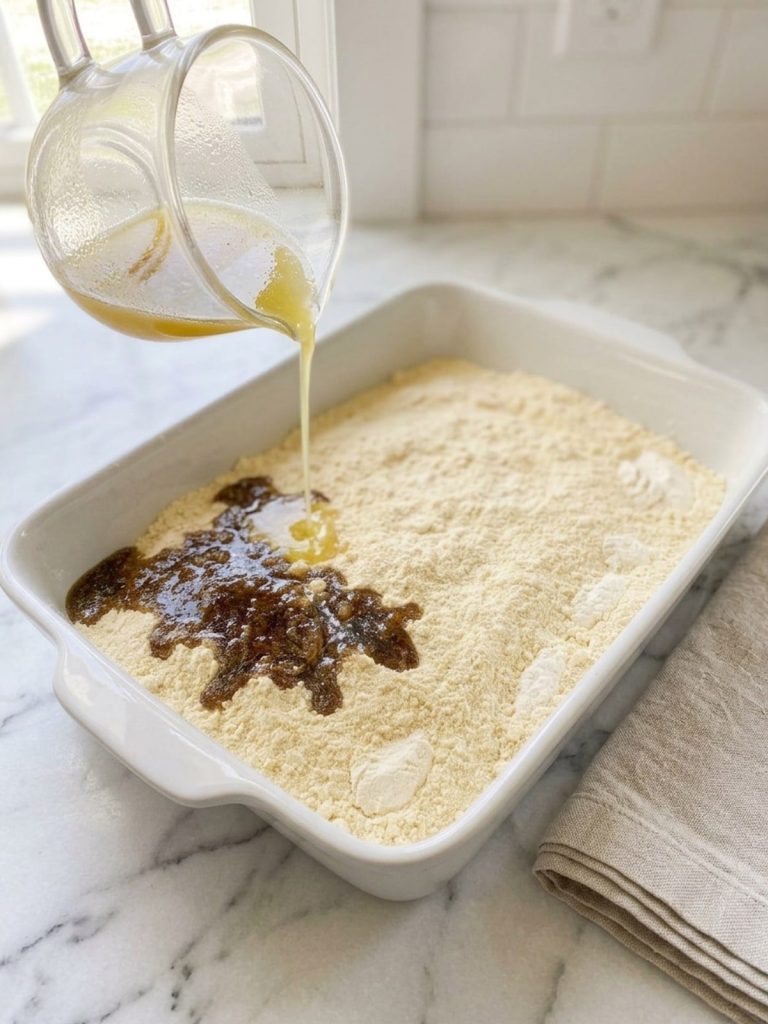 Melted butter pouring from a small pitcher over the dry yellow cake mix layer in a 9x13 baking dish, most of the mix already soaked and darkened