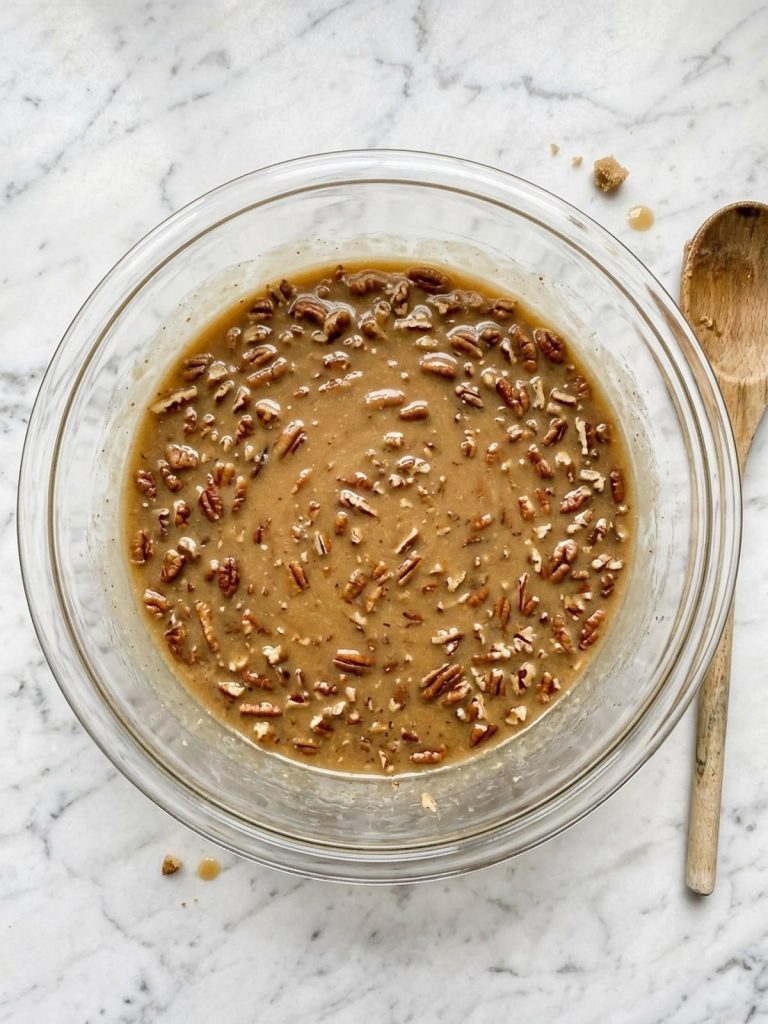 Step 2: Glossy brown sugar and corn syrup filling with chopped pecans stirred in.